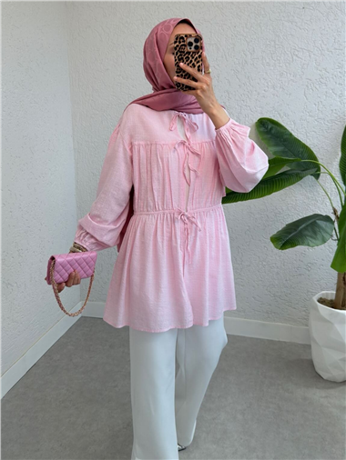 Önü Bağlamalı Kolları Lastikli Gömlek -Pembe