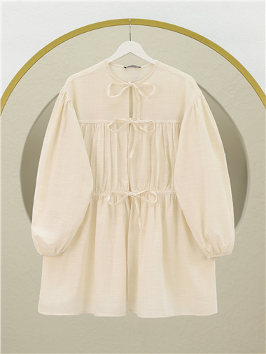 Önü Bağlamalı Kolları Lastikli Gömlek -Ekru