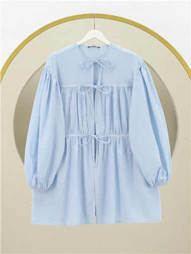 Önü Bağlamalı Kolları Lastikli Gömlek -Bebe Mavi