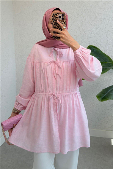 Önü Bağlamalı Kolları Lastikli Gömlek -Pembe