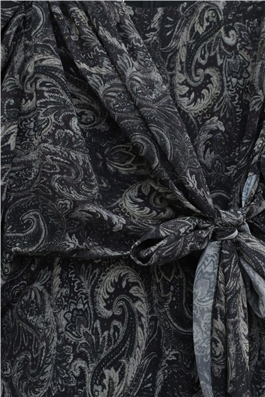 Womens Front Tie-Detail Elastic-Cuff Patterned Lined Chiffon Dress - Anthracite