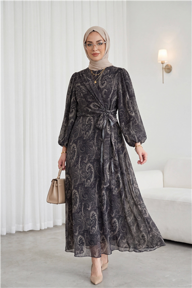 Womens Front Tie-Detail Elastic-Cuff Patterned Lined Chiffon Dress - Anthracite