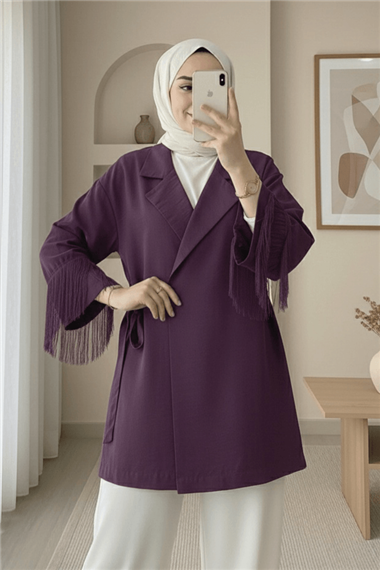 Önü Bağlamalı Kolu Püskül Detaylı Kimono Ceket -Mürdüm