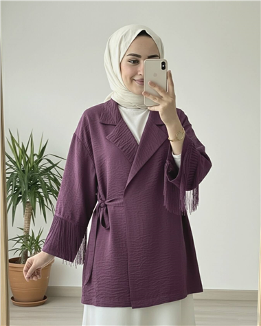 Önü Bağlamalı Kolu Püskül Detaylı Kimono Ceket -Mürdüm