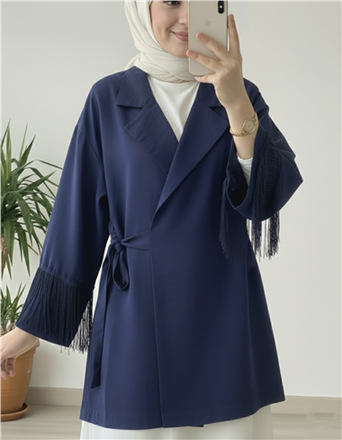 Önü Bağlamalı Kolu Püskül Detaylı Kimono Ceket -Laci