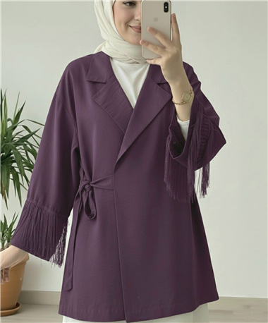 Önü Bağlamalı Kolu Püskül Detaylı Kimono Ceket -Mürdüm
