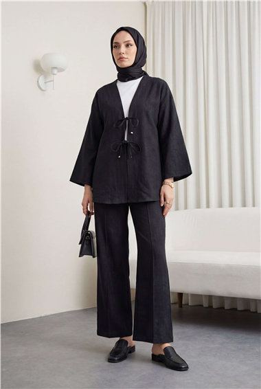 Önü Bağlamalı Pantolonlu Keten Kimono Takım  -Siyah