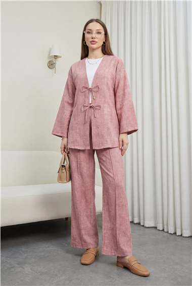 Önü Bağlamalı Pantolonlu Keten Kimono Takım  -Pudra