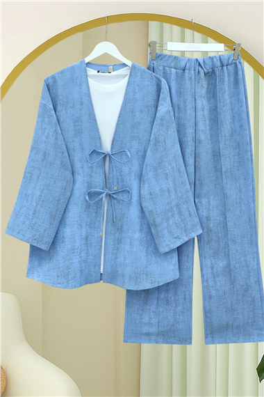 Önü Bağlamalı Pantolonlu Keten Kimono Takım  -Mavi