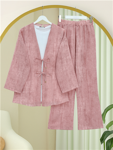 Önü Bağlamalı Pantolonlu Keten Kimono Takım  -Pudra