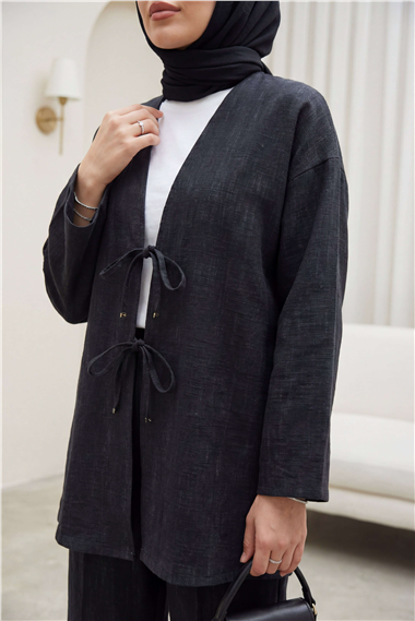Önü Bağlamalı Pantolonlu Keten Kimono Takım  -Siyah