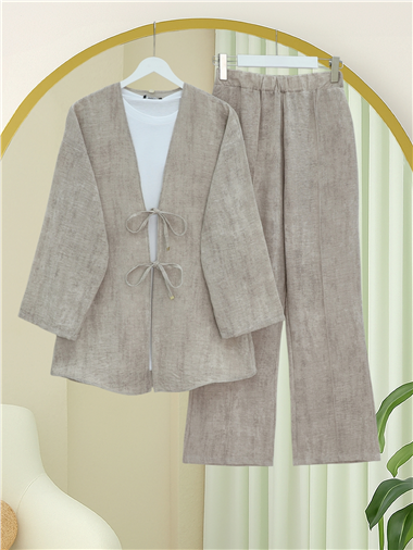 Önü Bağlamalı Pantolonlu Keten Kimono Takım  -Vizon
