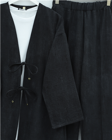Önü Bağlamalı Pantolonlu Keten Kimono Takım  -Siyah