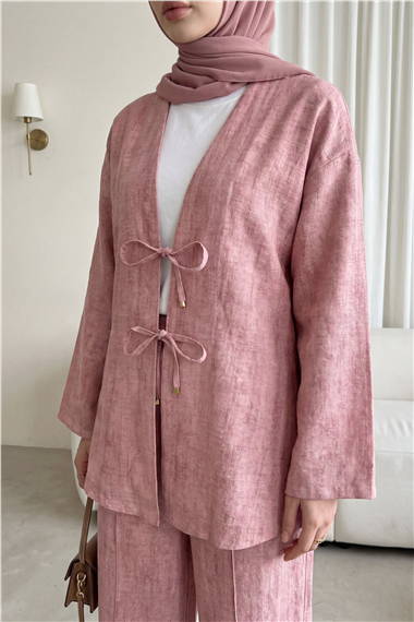 Önü Bağlamalı Pantolonlu Keten Kimono Takım  -Pudra