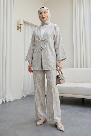 Önü Bağlamalı Pantolonlu Keten Kimono Takım  -Taş