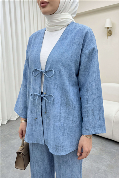 Önü Bağlamalı Pantolonlu Keten Kimono Takım  -Mavi