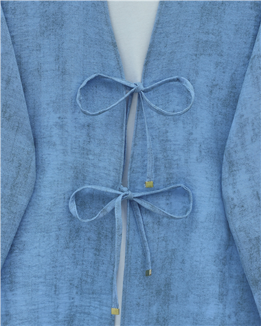 Önü Bağlamalı Pantolonlu Keten Kimono Takım  -Mavi