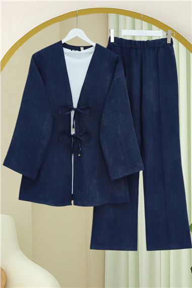 Önü Bağlamalı Pantolonlu Keten Kimono Takım  -Laci