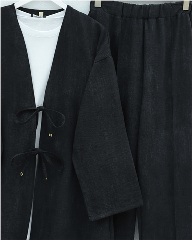 Önü Bağlamalı Pantolonlu Keten Kimono Takım  -Siyah