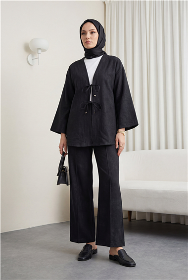 Önü Bağlamalı Pantolonlu Keten Kimono Takım  -Siyah