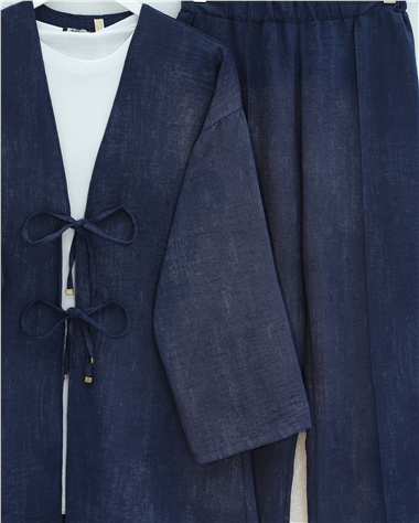 Önü Bağlamalı Pantolonlu Keten Kimono Takım  -Laci