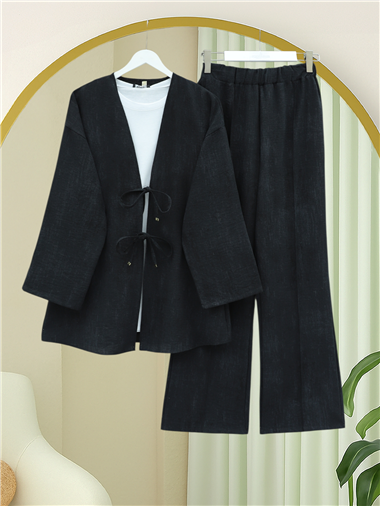 Önü Bağlamalı Pantolonlu Keten Kimono Takım  -Siyah