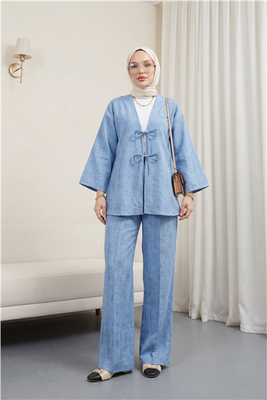 Önü Bağlamalı Pantolonlu Keten Kimono Takım  -Mavi