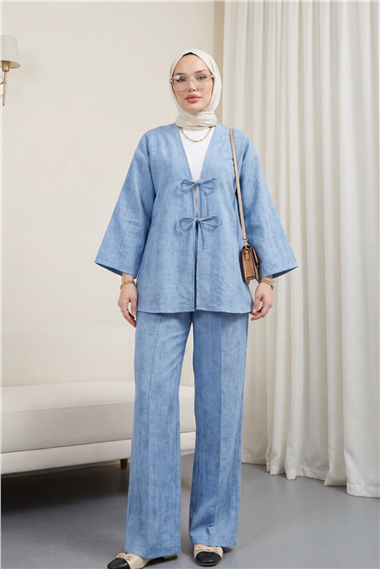 Önü Bağlamalı Pantolonlu Keten Kimono Takım  -Mavi