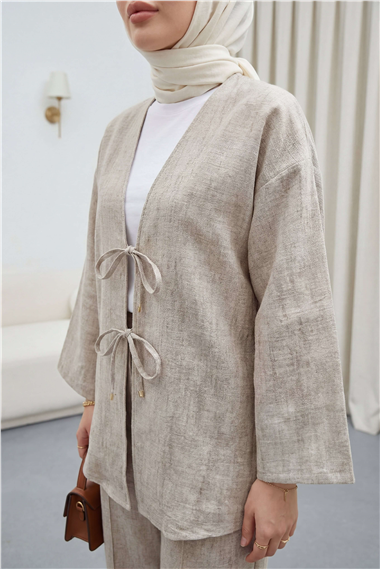 Önü Bağlamalı Pantolonlu Keten Kimono Takım  -Vizon
