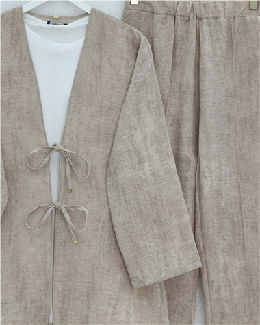 Önü Bağlamalı Pantolonlu Keten Kimono Takım  -Vizon