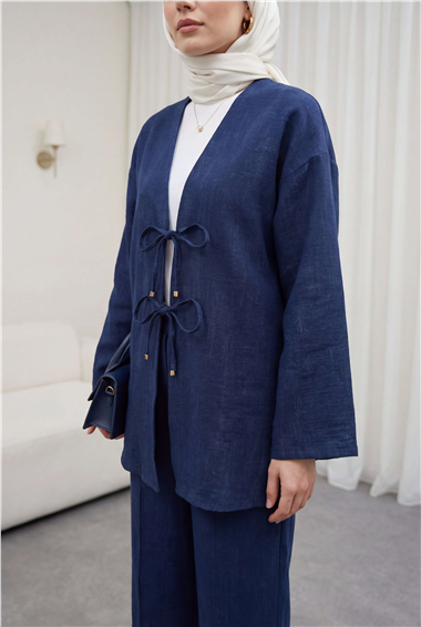 Önü Bağlamalı Pantolonlu Keten Kimono Takım  -Laci