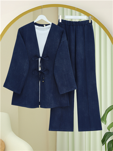 Önü Bağlamalı Pantolonlu Keten Kimono Takım  -Laci