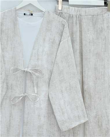 Önü Bağlamalı Pantolonlu Keten Kimono Takım  -Taş
