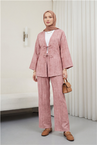 Önü Bağlamalı Pantolonlu Keten Kimono Takım  -Pudra