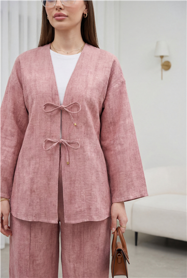 Önü Bağlamalı Pantolonlu Keten Kimono Takım  -Pudra