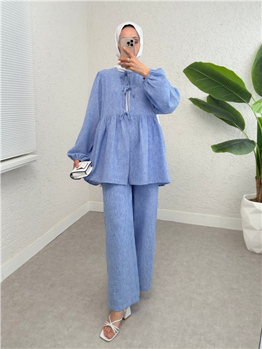 Önü Bağlamalı Parçalı Kolu Lastikli Takım  -Mavi