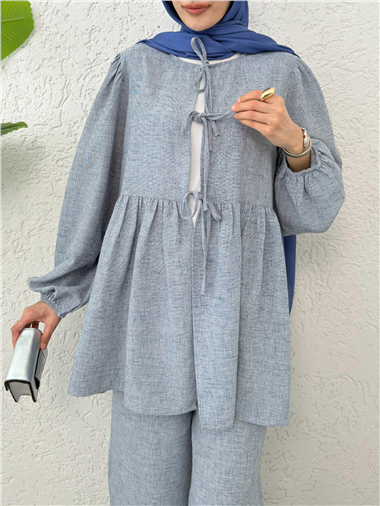 Önü Bağlamalı Parçalı Kolu Lastikli Takım  -Buz Mavi