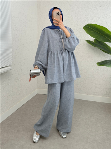 Önü Bağlamalı Parçalı Kolu Lastikli Takım  -Buz Mavi