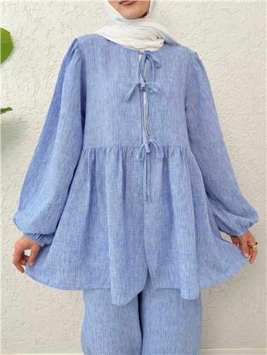 Önü Bağlamalı Parçalı Kolu Lastikli Takım  -Mavi