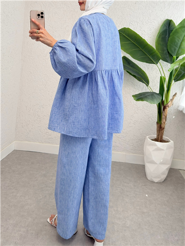 Önü Bağlamalı Parçalı Kolu Lastikli Takım  -Mavi