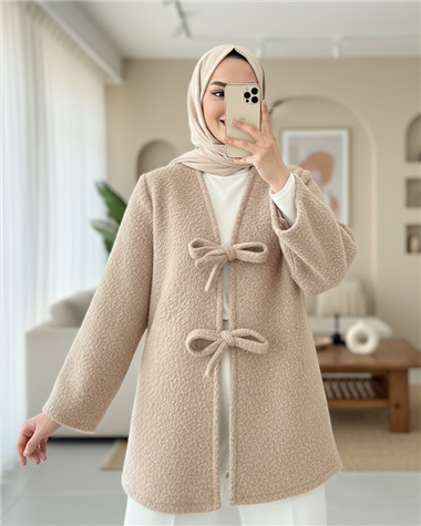 Önü Bağlamalı Sakallı Kimono -Bej
