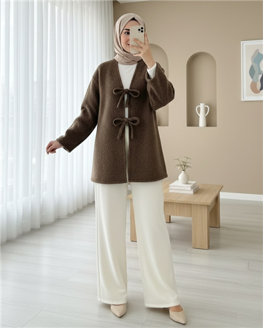 Önü Bağlamalı Sakallı Kimono -Kahve