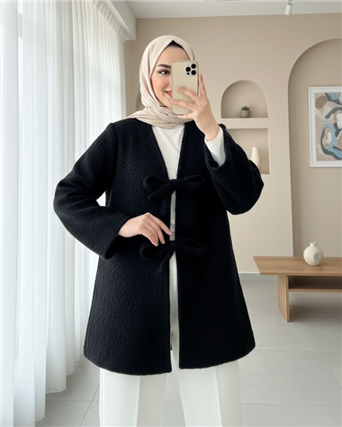 Önü Bağlamalı Sakallı Kimono -Siyah