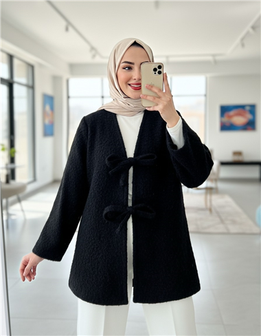 Önü Bağlamalı Sakallı Kimono -Siyah