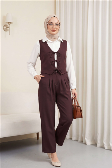 Önü Bağlamalı Yelek Pantolon İkili Takım    -K. Bordo