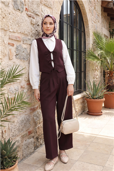 Önü Bağlamalı Yelek Pantolon İkili Takım    -K. Bordo