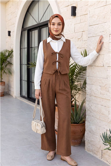 Önü Bağlamalı Yelek Pantolon İkili Takım    -Taba