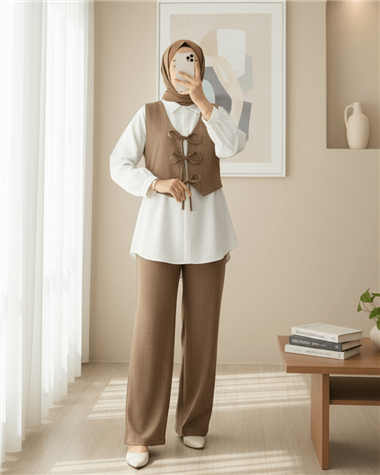 Önü Bağlamalı Yelek Pantolon İkili Takım   -Kahve