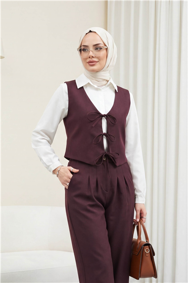 Önü Bağlamalı Yelek Pantolon İkili Takım    -K. Bordo
