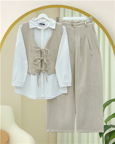 Önü Bağlamalı Yelek Pantolon Kadife Takım  -Bej